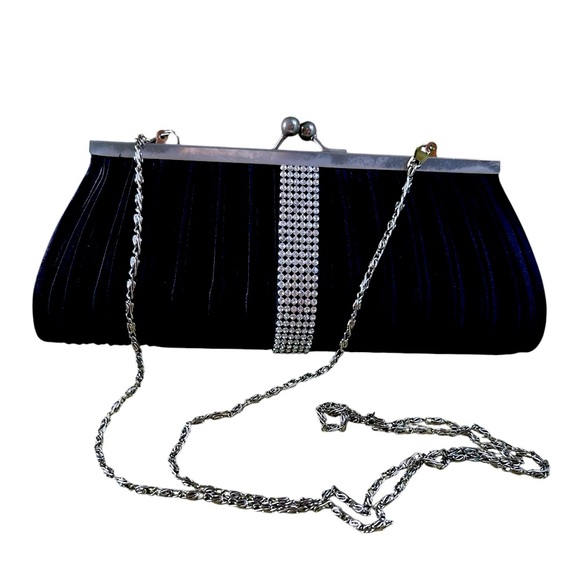 Pleated Black Satin & Rhinestone Clutch Style Evening Purse - Picture 1 of 5